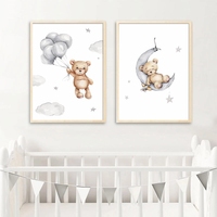 Décoration Murale Nordique pour Chambre d'Enfant : Tableau Toile Ours, Lune, Ballon, Animaux – Affiche et Impression Artistique Murale pour Crèche et Chambre d'Enfant
