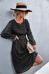 Hot Sale Round-necked Long-sleeved Dot Jacquard Midi Dress Support Clothing Manufacturers Custom