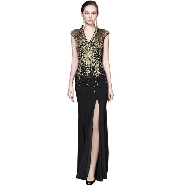 V-neck high fashion decent cocktail wear gowns for elegance prom 2021 elegant women black luxury party long evening dresses