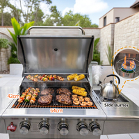 Barbecue à gaz de luxe 5 brûleurs en fonte avec brûleur latéral en maille, support à pains et grille en acier inoxydable, alimenté au propane