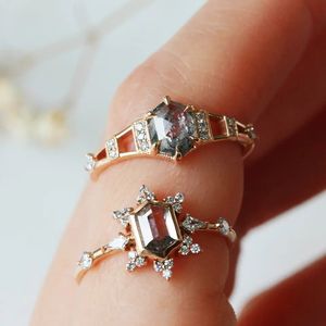 Hexagon Cut Salz und Pfeffer Diamant Ring Frauen 925 Silber Schmuck Ring Verlobung Versprechen Ring - Product Image 4