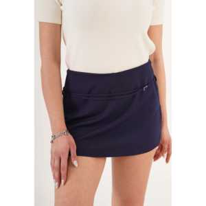 Navy Blue Mini Straight <b>Skirt</b> Minimal Belt Detail Washed <b>Silk</b> Cotton Knitted Fabric Print Decoration XS for Spring Winter - Product Image 2