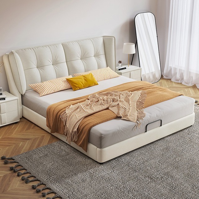 Hot Sale Luxurious Cream Style Modern Fabric Leather Adjustable Soft Versatile Bed Storage Bedside Table Bedroom Furniture King