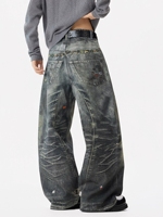 Jean en denim délavé coupe droite pour homme, style streetwear, brodé, orné, coupe ample, personnalisé, automne-été