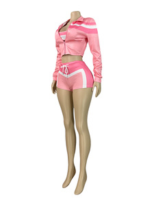 Conjunto Deportivo de Tres Piezas para Mujer, Top Estampado de Manga Larga con Cuello Cruzado y Pantalones Cortos por Encima de la Rodilla para Verano - Product Image 3