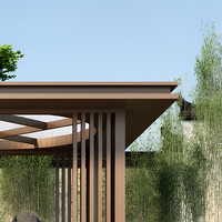 Pavillon oriental à toit rigide avec écrans en treillis métallique et table à thé pour cour et bord de piscine