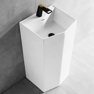 Lavabo sur pied en céramique minimaliste, intégré au sol, rectangulaire, grand lavabo pour balcon - Product Image 2
