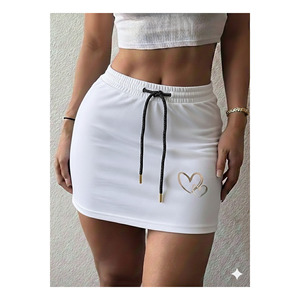 Mini-jupe blanche avec ceinture élastique et cordon de serrage, imprimé cœur, longueur 45 cm, jupe pour femme - Product Image 2