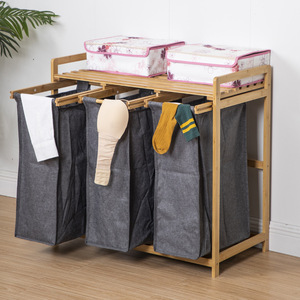 Clothing Organizer Bamboo Frame Gray Three Bin <b>Laundry</b> Sorter For Bathroom Bedroom <b>Standing</b> Type Rectangle Shape - Product Image 1