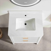 Meuble-lavabo de salle de bain autoportant en bois massif cannelé blanc avec 3 tiroirs, option miroir LED intelligent