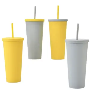 Şablon popüler renk, parlak sarı, nihai gri 24OZ çift katmanlı plastik saman taşınabilir su bardağı