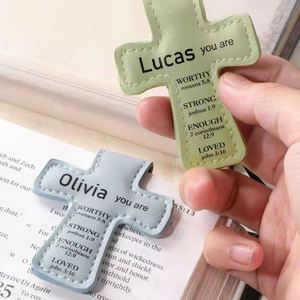 Personalized Logo Cross Shaped Leather <b>Bookmark</b> Magnetic PU Leather Christian <b>Bookmark</b> Clip Creative Page Marker for Readers - Product Image 1