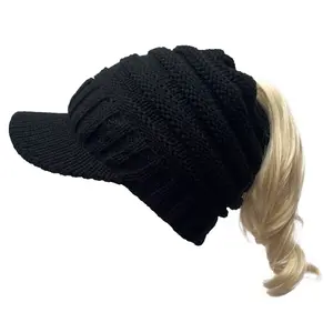 BSBHカスタムロゴアクリルニットビーニーハット女性用アウトドアウィンタースポーツハイバンバイザーポニーテールビーニー帽子