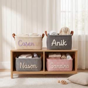 Panier de rangement pour bébé en velours côtelé, panier à linge personnalisé avec nom en fil, bac à couches pliable, souvenir de nouveau-né - Product Image 2