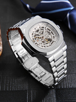 Montre squelette mécanique en acier inoxydable, verre de haute qualité, montre-bracelet automatique de luxe personnalisée pour homme, squelette professionnel
