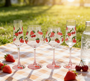 Juego de Vasos de Cristal Soplados a Mano SNW, Copas de Vino con Diseño Personalizado de Cerezas y Fresas Pintadas a Mano - Product Image 3