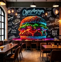 Papier peint autocollant style tableau noir pour restaurant de restauration rapide, thème cheeseburger, décoration murale pour burger shop
