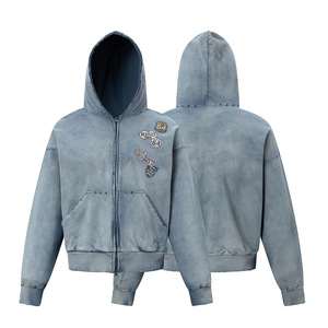 Sudadera con Capucha para Hombre, Diseño Desgastado a la Moda, Corte Regular y Amplio, Estilo <span class=keywords><strong>Cardigan</strong></span>, Tejido de Algodón de 380G, Estampado de Corazón - Product Image 3