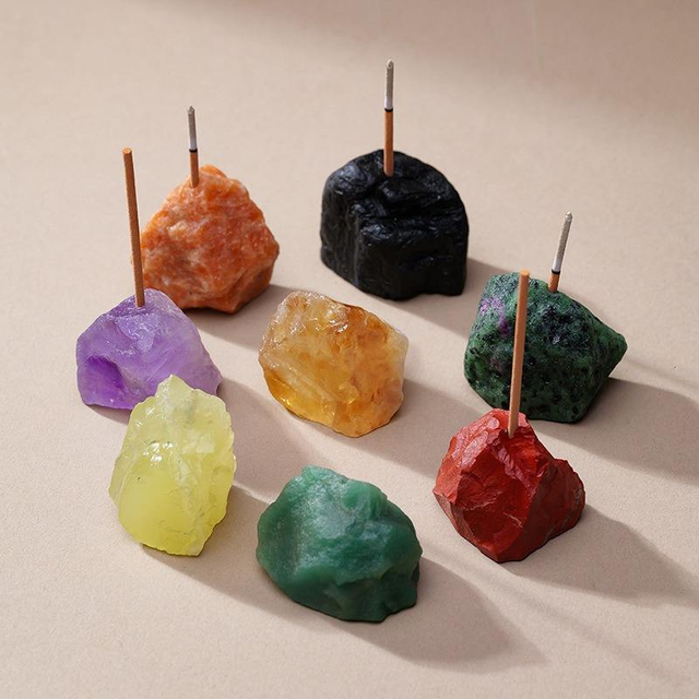 Natural Rose Quartz Amethyst Raw Crystal Gemstone Insert Base Irregular Incense Stick Crystals Rock Stone Incense Stick Holder