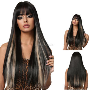 Nuevo estilo, pelucas rectas largas de 28 pulgadas con <span class=keywords><strong>flequillo</strong></span>, peluca sintética rubia oscura, pelo falso resistente al calor para mujeres - Product Image 4