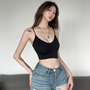 Top de soutien-gorge minimaliste pour femmes, couleur unie, dos croisé, décolleté bas, rembourré, coupe ajustée, polyvalent, débardeur intérieur - Product Image 4