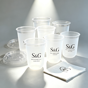 แก้วพลาสติก PP แบบใช้แล้วทิ้ง รูปทรงตัวยู ขนาด 12oz 16oz พิมพ์ลายงานแต่งงาน สำหรับงานปาร์ตี้ ชานมไข่มุก เบียร์ กาแฟ งานแต่งงาน สีดำ - Product Image 1
