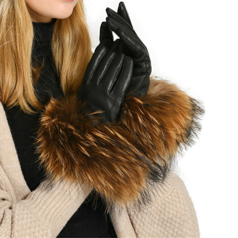 Новинка 2021, трендовые перчатки из натуральной овечьей кожи с мягким мехом, кожаные перчатки с большим мехом енота