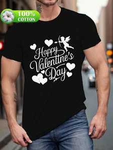 T-Shirt per San Valentino, Design Cupido e Cuore in Bianco e Nero, Maglietta Casual da Uomo, Collo Tondo, Manica Corta, Taglia Grande, 100% Cotone 180g - Product Image 3
