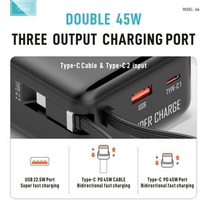 Batterie externe <span class=keywords><strong>30000mAh</strong></span> PD <span class=keywords><strong>45W</strong></span> à charge rapide avec câble Type-C intégré pour ordinateur portable et tablette - Product Image 3