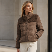 Doudoune courte marron foncé pour femme en cuir de mouton fendu et fausse fourrure, col montant, duvet de canard blanc, vêtement d'extérieur d'hiver