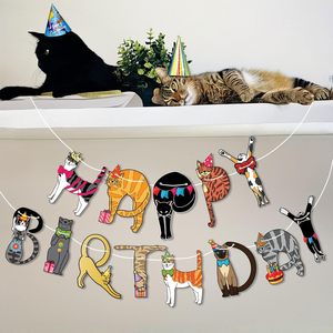 Guirnalda de Feliz Cumpleaños con Diseño de <span class=keywords><strong>Gato</strong></span>, Lindas Decoraciones para Fiesta de Cumpleaños de Gatitos para Amantes de los Gatitos, Artículos de Fiesta Coloridos con Temática de Gatos - Product Image 3
