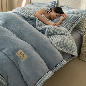 高品质 4 件套健康防静电天鹅绒印花纯色抓绒面料加厚保暖几何图案被套床单家居 - Product Image 6