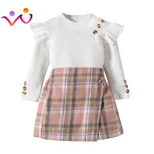 1-6Y 2023 Moda Ruffles Manga Longa Pullover com nervuras Tops Xadrez Impresso Shorts Saia 2pcs Crianças Meninas Roupas Conjuntos