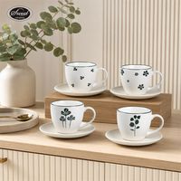 Set Cangkir Kopi Keramik Bunga Klasik SWT dengan Piring Kelopak Bunga, Mug Teh, Aman untuk Mesin Cuci Piring, Hadiah Cantik untuk Rumah, Kantor, Kafe
