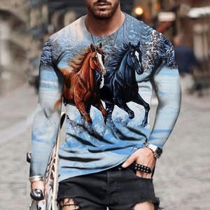 T-shirt Slim Fit a manica lunga stampa <span class=keywords><strong>2022</strong></span> da uomo nuova camicia Vintage intrecciata 3d con stampa t-shirt da uomo cavallo - Product Image 3