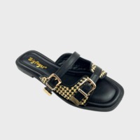 Sandales plates à enfiler pour femme, avec empeigne tressée et bride réglable à boucle, antidérapantes, à bout carré ouvert, mules d'été de plage