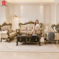Ensemble de canapés en cuir sculpté de style européen, combinaison de canapés classiques de luxe pour salon, décoration de villa