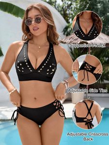 Maillot de bain bikini pour femme avec décolleté en V, bretelles halter, dos croisé réglable et liens latéraux à nouer - Product Image 4
