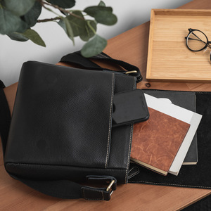 Men's Genuine Leather Shoulder <b>Bag</b> Large Capacity Black Coffee Color Solid Color Business Casual Crossbody <b>Bag</b> - Product Image 2