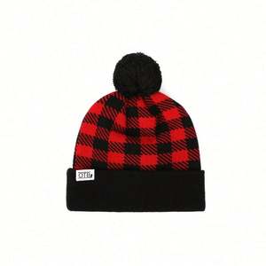 Hot Selling Winter Protection Warm Knitted Hat, 100% Acrylic Kids Pompom Beanie, Woven <b>Patch</b> Black and Red Plaid Beanie Hat - Product Image 3
