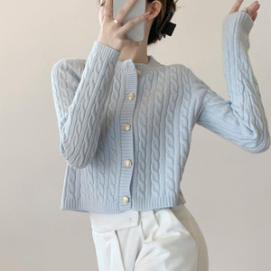 Milk Blue Cable Knit Round Neck Cardigan One Size Solid Color Soft Cozy Women's Sweater Autumn Fresh Sweet Style - Product Image 2