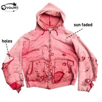 Sweat à capuche zippé pour homme, personnalisé, 450G, épais, style streetwear, déchiré, effet soleil délavé, look vintage, double perforation, délavé et effet bouffant