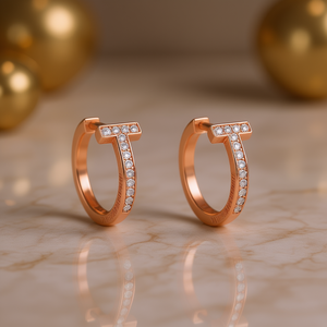 Orecchini a Cerchio Venezia Gold E4241 in Oro Rosa con Incastonatura a Canale di Diamanti, Design Minimalista con Lettera T, per Uso Quotidiano Femminile - Product Image 2