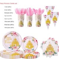 Nouvelle nappe de fête de château de princesse, décorations de fête d'anniversaire, assiettes en papier de château, gobelets, vaisselle jetable pour fête