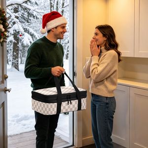 Custom Checkered Insulated Cooler Bag Food Storage Insulated Double Layer Thermal Food Casserole Carrier with Handle Top - Product Image 4