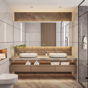 Minimalist Wall Mounted <strong>Rustic</strong> Glass Wash Basin Plywood Double Sink Bathroom Vanities <strong>Cabinet</strong> With Mirror - Product Image 1