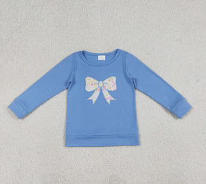 Ensemble de vêtements de printemps pour filles, haut bleu avec broderie de nœuds GLP3243, pantalon à fleurs colorées - Product Image 4