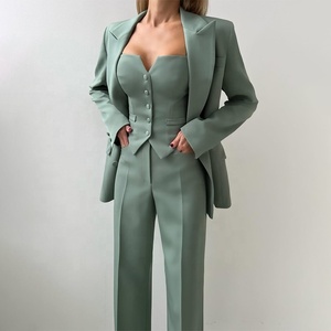 Completo <span class=keywords><strong>Donna</strong></span> <span class=keywords><strong>Verde</strong></span> Menta Business Casual con Scollo a V, Collo a Revers, Doppio Petto Nascosto, 3 Pezzi (Blazer e Pantalone) per Ufficio - Product Image 3