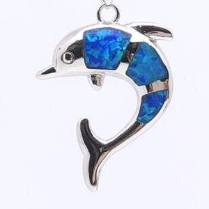 Kalung Liontin Hongqi 925 Perak Biru Blaze Opal Bentuk Lumba-lumba Berlapis Emas Rantai Link Setting Bezel Trendi Unisex Hadiah Pesta - Product Image 3