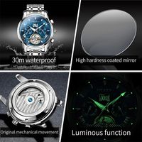 Montre automatique mécanique pour homme Olevs 9965, montre-bracelet de luxe, cadran squelette, étanche, logo personnalisé, montre-bracelet dorée et bleue pour homme